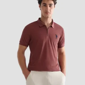 U.S. POLO ASSN. Men Solid Zip Neck Polyester Maroon T-Shirt