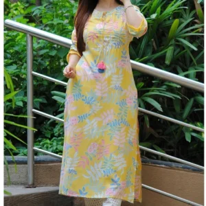 Sa Rasa Women Floral Print Viscose Rayon Straight Kurta (Yellow)